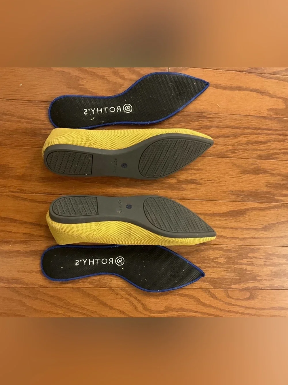 Rothy's Pointed Toe Knit Flats in Yellow with Navy Trim